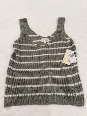 SHAN Dusty Olive and Ivory Striped Knit Tank Top